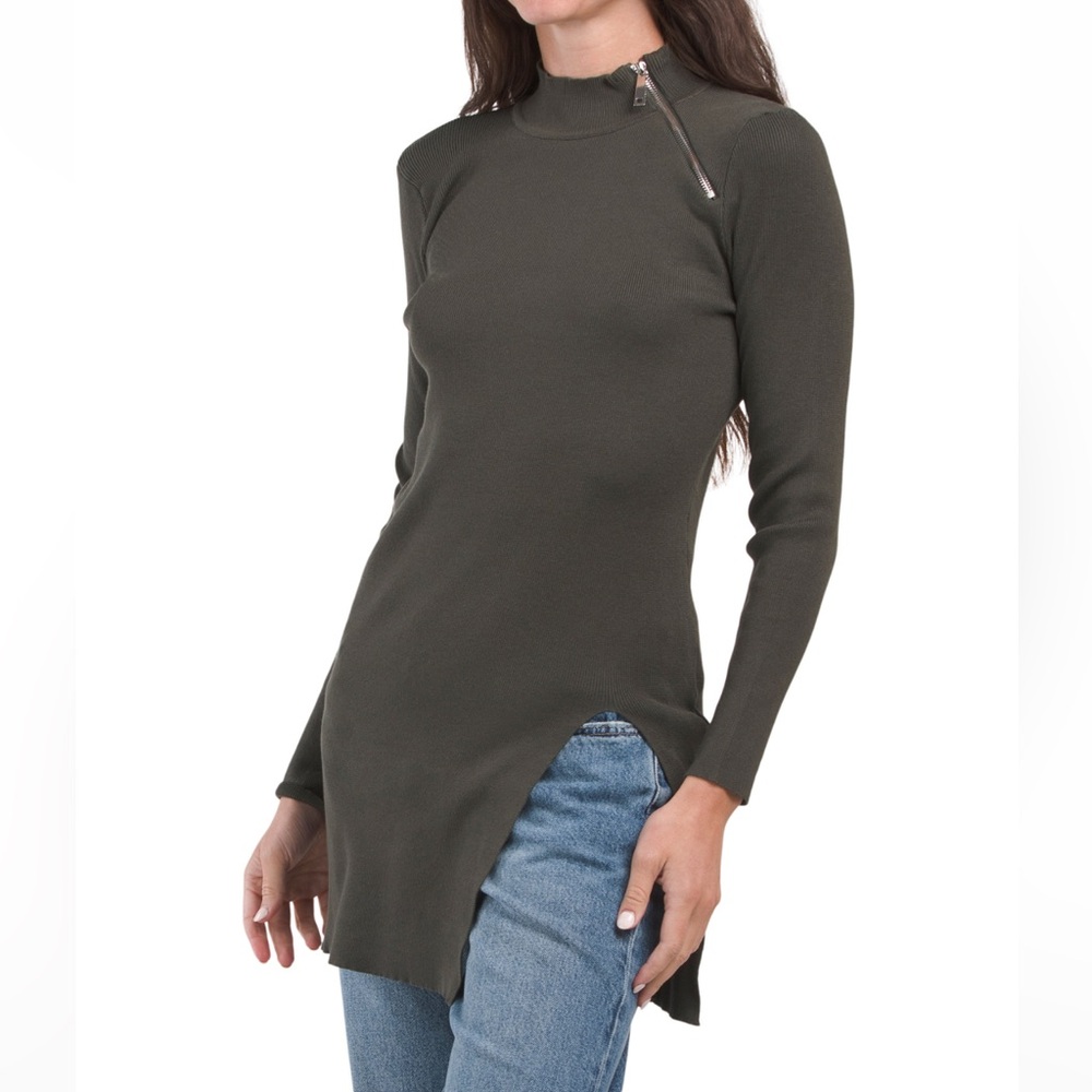 CABLE & GAUGE Olive Green Mock Neck Zipper Tunic Sweater
